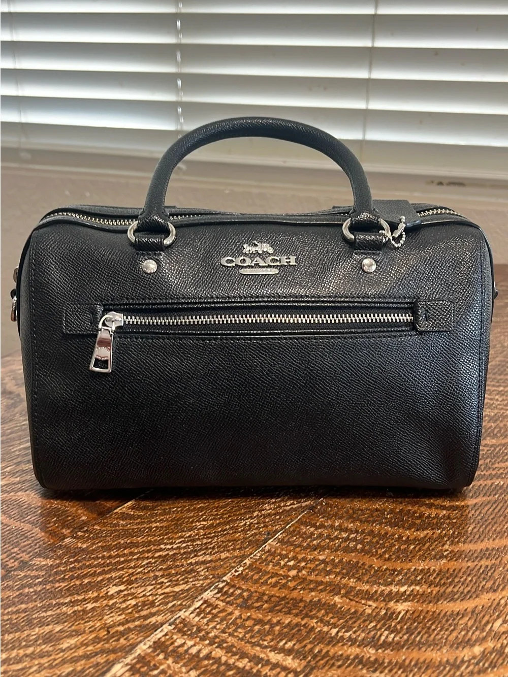 Coach Black Leather Barrel Satchel with Silver Hardware
